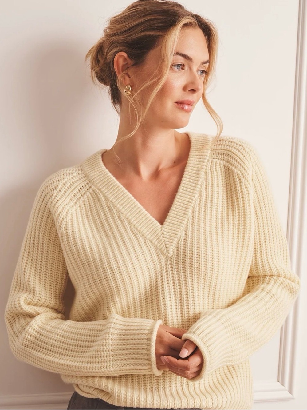 NWT NAADAM Luxe 100% Cashmere Fisherman V-Neck Sweater Ivory Size XS